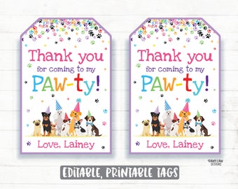 Puppy Thank You Tags, Puppy Party Favor Tags, Thank you for coming to my PAW-ty Tags, Puppy Favor Tags, Dog Thank you Tags, Dog Party Tags