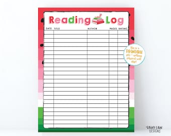 Reading Log Printable Reading Log for Kids, Spring reading log watermelon Summer reading log, Kids reading log, Home school reading activity