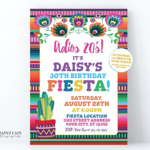Adios 20&#39;s 30th Birthday Fiesta Invitation 30th Fiesta Invite Thirty 30th Birthday Cactus Serape, Floral Mexican Fiesta Taco Party