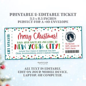 Modello di biglietto di viaggio a New York Biglietto regalo di Natale modificabile Sorpresa NYC Pass di imbarco per le vacanze Download digitale immediato