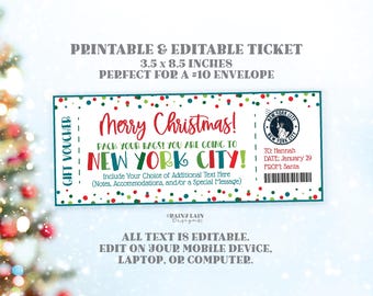 May include: Printable Christmas gift voucher ticket with a red, green, and blue confetti design. The ticket says "Merry Christmas! Pack your bags! You are going to New York City!" and includes a space to personalize the gift with a name, date, and message.