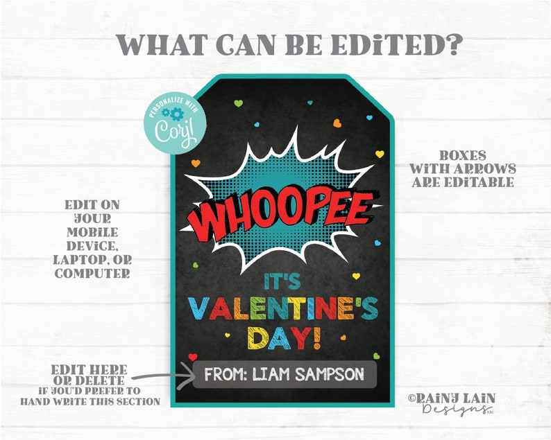 May include: A printable Valentine's Day card with a chalkboard background. The card features a colourful comic book style speech bubble with the word "WHOOPEE" in red letters. The text "It's Valentine's Day!" is written in rainbow colours. The card is editable and includes a box for a name and a box for a message.