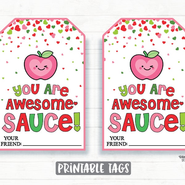 Applesauce Valentine, Awesome Sauce Valentine Tags, Apple Sauce, Classroom Valentines Preschool Printable Kids Non-Candy Valentine Tag