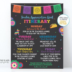 Teacher Appreciation Week Itinerary Teacher Appreciation Schedule Flyer Luncheon Invitation Nacho Average Fiesta Sign Taco bout Poster