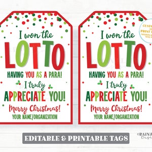 Edytowalny Wygrał Tag Lotto Doceniam Cię Boże Narodzenie Paraedukator Para Nauczyciel Współpracownik Personel Bilet na loterię Świąteczny zdrapka Prezent