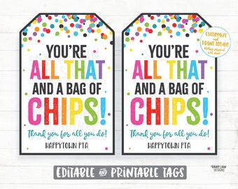 Eres todo eso y una bolsa de papas fritas Etiqueta de regalo Etiqueta de agradecimiento al empleado Empresa Trabajador esencial de primera línea Personal Corporativo Maestro PTO Escuela