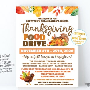 Thanksgiving Food Drive Flyer, Fall Food Drive, Autumn Food Drive, Hunger Drive Flier, Invitation Information Card Digital Flyer Editable