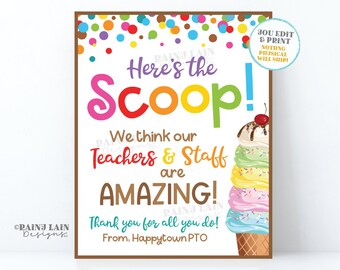 Here's the Scoop Sign Ice Cream Social Teacher's Lounge Staff Room Employee Appreciation Company Corporate PTO PTA Teacher School