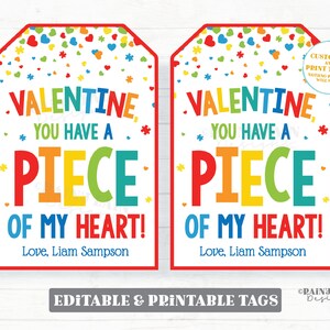San Valentín Tienes un pedazo de mi corazón Etiqueta, Rompecabezas para estudiante del maestro Imprimible Preescolar No dulce Aula Editable Día de San Valentín