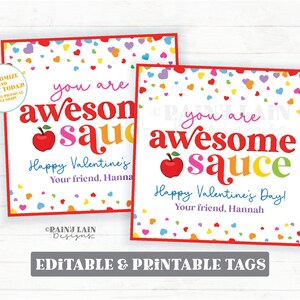 Applesauce Valentine Tag, Awesome Sauce Valentine&#39;s Day Gift Tag, Apple Sauce Packet Pouch Classroom Preschool Printable Kids Non-Candy Easy