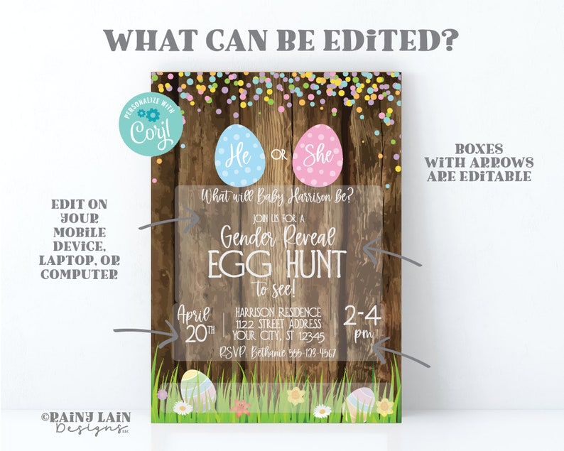Easter Gender Reveal Invitation Gender Reveal Egg Hunt Invite He or She What will Baby Be Eggs Spring Gender Reveal Rustic Wood Grass image 2