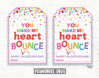 Bouncy Ball Valentine Tags, Ball Valentines, You Make My Heart Bounce, Preschool Valentines Classroom Printable Kids Non-Candy Valentine Tag