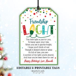 Etiqueta de regalo con luz de la amistad editable, adorno navideño, luz de la amistad imprimible, etiqueta de regalo con adorno DIY, regalo para amigos