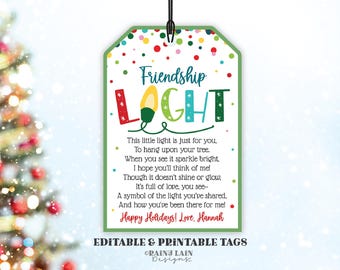 Etichetta regalo modificabile con luce dell'amicizia, decorazione natalizia, luce dell'amicizia stampabile, etichetta regalo con decorazione fai da te, regalo per amici