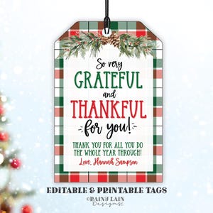 Editable Christmas Thank You Gift Tag Template, Printable Holiday Appreciation, Staff Employee Teacher Nurse Volunteer School PTO, Plaid