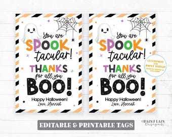 May include: Two printable Halloween treat bag tags with a ghost, spider web, and the text "You are Spooktacular! Thanks for all you BOO! Happy Halloween! Love, Hannah."