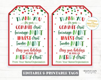 Könnte beinhalten: Zwei rechteckige Geschenkanhänger mit rotem Rand und weißem Hintergrund. Die Anhänger zeigen den Text "THANK YOU" und "COMMIT-MINT", "Encourage-MINT", "INVEST-MINT", "Involve-MINT", "May your holidays be full of MERRY-MINT". Die Anhänger sind mit roten und grünen Konfetti verziert.