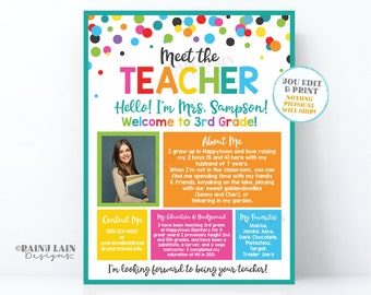 May include: A colorful printable teacher meet and greet sign with a photo of a teacher, text that says "Meet the Teacher", "Hello! I'm Mrs. Sampson!" and "Welcome to 3rd Grade!" and information about the teacher, including their favorite things, education and background, and contact information.