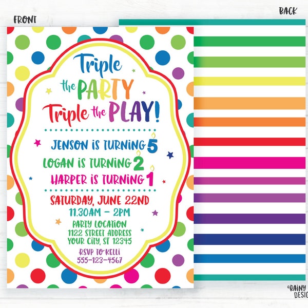 Triple the Party Triple the Fun Invitation, Joint Birthday Invite, Girl and Boy Triple Party, Polka Dots, Stripes, Stars, Colorful, Sibling