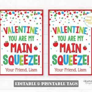 Main Squeeze Valentine, Apfelmus-Paket, Apfelmus-Beutel, Vorschulklassenzimmer druckbare Kinder Non-Candy Valentinstag Tag-Tag bearbeitbar