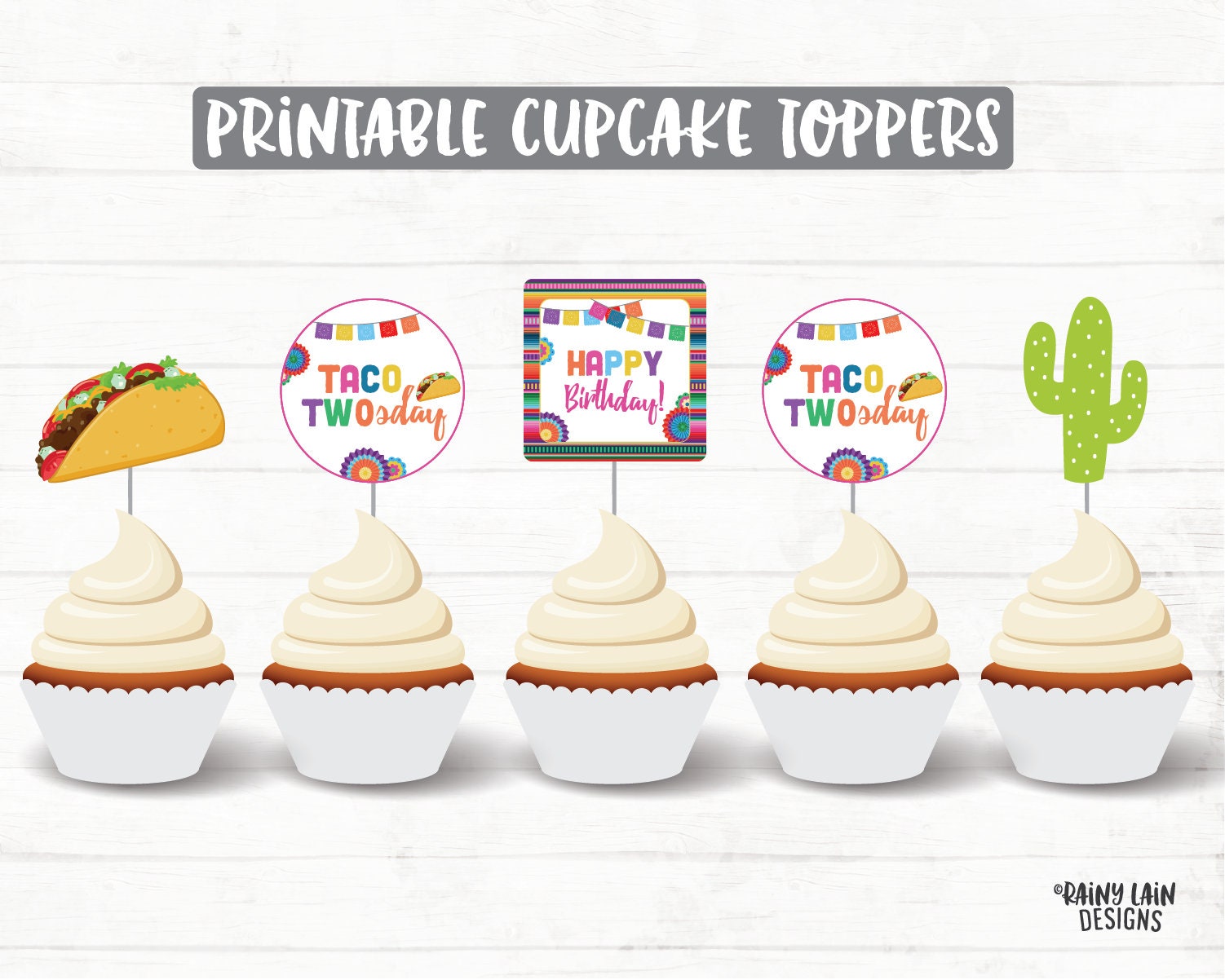 Taco Twosday Cupcake Toppers Cactus Cupcake Toppers Taco Etsy