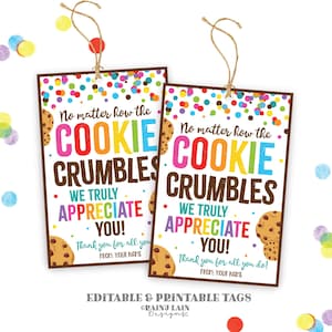 Cookie Crumbles Tag, Teacher Gift Tag From PTO, Teacher Appreciation Gift Tag, Staff Appreciation Gift, Cookie Tags