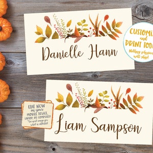 Tarjetas de lugar para Acción de Gracias editables, tarjetas con nombre para Acción de Gracias, tarjetas de lugar para Acción de Gracias, tarjetas de lugar para Friendsgiving, hojas florales a cuadros imprimibles
