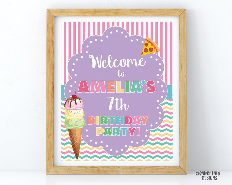 Ice cream and pizza party welcome sign stripes Ice Cream Party Welcome Sign Pizza Decorations Pizza Party Welcome Sign Ice cream decor