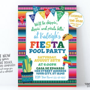 Fiesta Pool Party Invitation, Pool Party Fiesta Invitation, Taco, Piñata, Cactus, Chippin Dippin and Piñata Hittin Invite, Birthday Fiesta