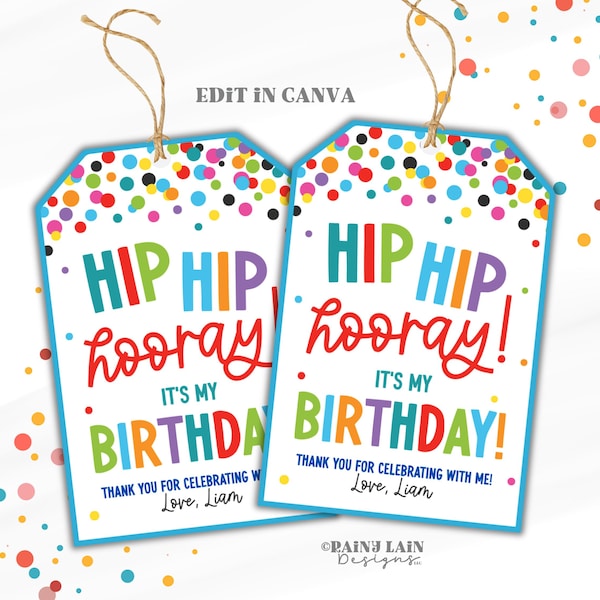 Hip Hip Hooray Birthday Favor Tag, Kids Classroom Gift for Treats, Edit in Canva