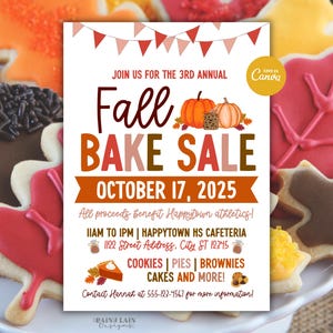 Op de afbeelding: Een flyer voor een herfstbakverkoop met de tekst "Fall Bake Sale" en de datum 17 oktober 2025. De flyer bevat afbeeldingen van pompoenen en koekjes, en de tekst "Cookies, Pies, Brownies, Cakes and More!"