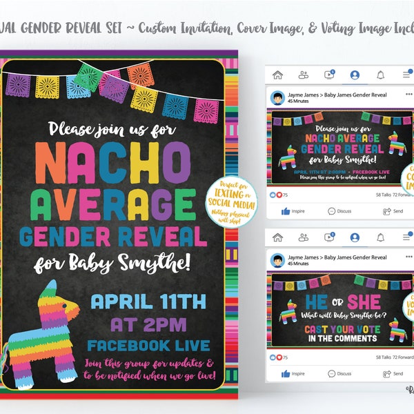 Nacho Average Gender Reveal Fiesta, Social Media Gender Reveal, Virtual Gender Reveal Invite, Cover Photo, Live Video, Long Distance, Piñata