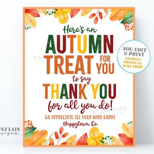 Autumn Treat Thank you Sign Fall Appreciation Gift Card Thanksgiving Treat Employee Company Essential Staff Teacher Sign Fall Sweets Sign