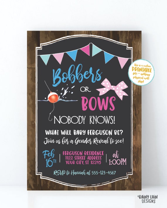 Bobbers or Bows Gender Reveal Invitation, Fishing Gender Reveal Invite,  Wood, Rustic, Bunting, Bobber Bow, Blue and Pink, Bobbers and Bows -  UK