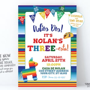 Three-esta Birthday Invitation Boy Three esta Invitation, Adios Dos Invitation, 3rd Birthday Fiesta Invitation Cactus, Serape, THREEesta