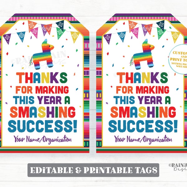 Thanks for making this year a Smashing Success Tag Piñata Teacher Appreciation Gift Staff Employee Volunteer Thank You Printable PTO School