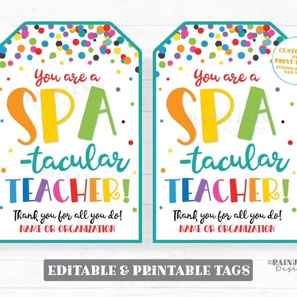 Spa-Tacular Gift Tags, Editable Spa Day, Beauty, Nails, Facial, Mask, Teacher Appreciation Favor Staff PTO Co-worker Friend Principal