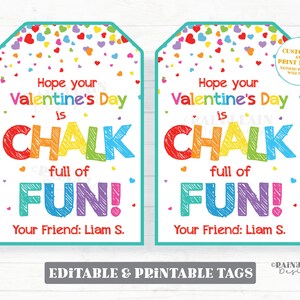 Chalk Valentine Tags, Hope your Valentine's Day is chalk full of fun, Preschool Valentines Classroom Printable Kids Non-Candy Valentine Tag image 1