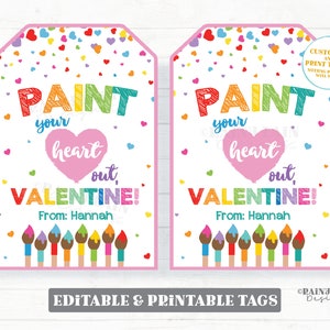 Peignez votre coeur, étiquette de la Saint-Valentin, pinceau, cadeau de la Saint-Valentin, palette de peinture, salle de classe, art modifiable, imprimable, non bonbon