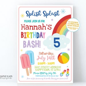 Swim Party Invite Splish Splash Summer Birthday Party Invitation Pool Party  Popsicles Pop Beach Ball Rainbow Flip Flop Sandals