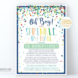 Convite para chá de bebê Sprinkle por correio Convite para chá de bebê Sprinkle para menino, Ideias para chá de bebê Sprinkle Chuveiro Sprinkle de longa distância Azul marinho, menta, Oh Boy