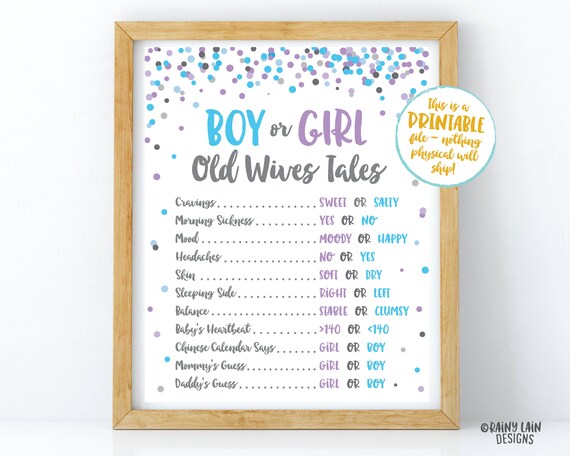 Old Wives Tales Sign Gender Reveal Poster Purple and Blue Gender Reveal Old Wives Tales Poster Confetti Boy or Girl Gender Reveal Sign Etsy