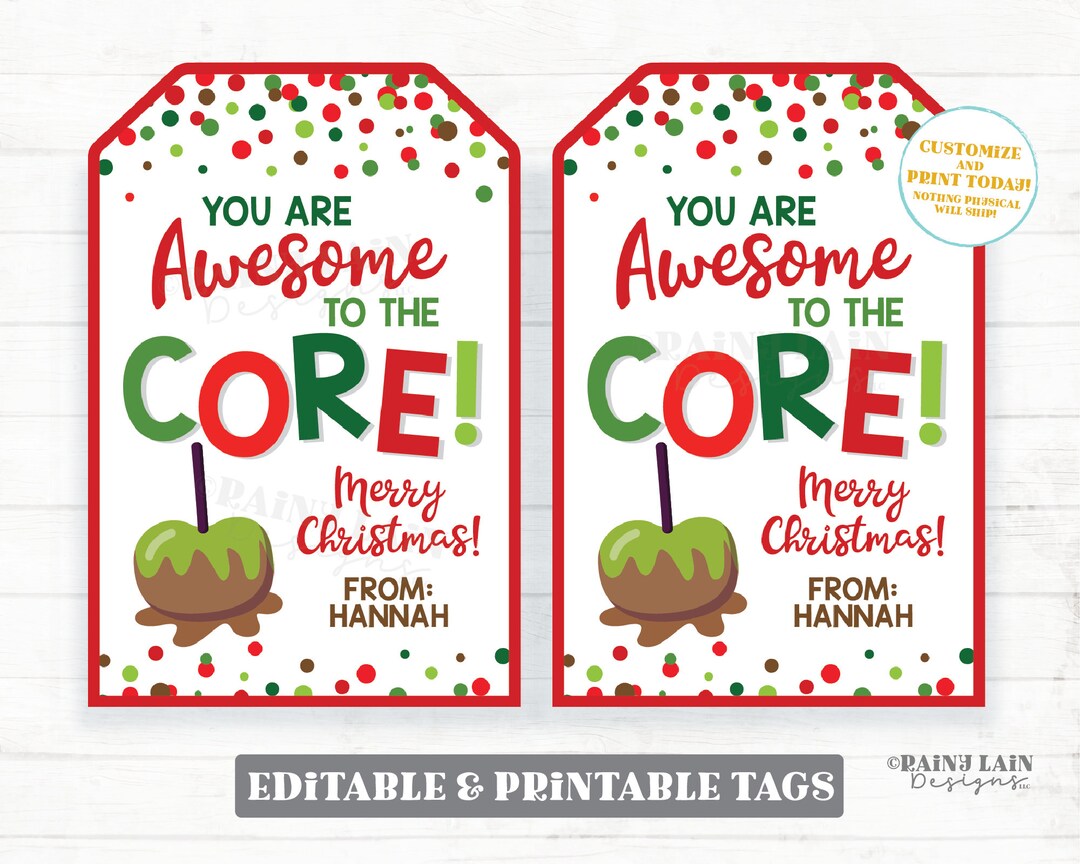 Awesome to the Core Christmas Tag Candy Apple Caramel Thank You Gift ...
