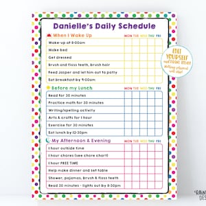 Home School Schedule Editable Kid Schedule Rainbow Polka Dot Printable Kids Daily Checklist Task List Chore Chart Template Weekly HomeSchool image 1