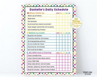 Cronograma escolar em casa Editável Cronograma infantil com bolinhas arco-íris para impressão para crianças Lista de verificação diária Lista de tarefas Modelo de gráfico de tarefas Semanal HomeSchool