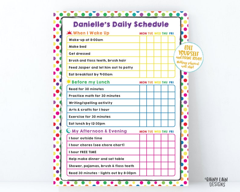 Home School Schedule Editable Kid Schedule Rainbow Polka Dot Printable Kids Daily Checklist Task List Chore Chart Template Weekly HomeSchool image 1