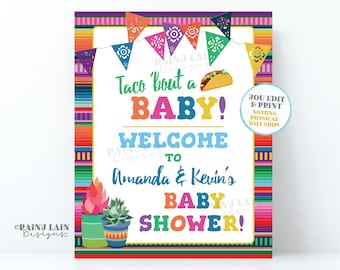 Letrero de bienvenida para baby shower de fiesta, letrero de Taco Bout a Baby, letrero de bienvenida para baby shower de fiesta editable e imprimible con suculentas, sarape de cactus, papel picado