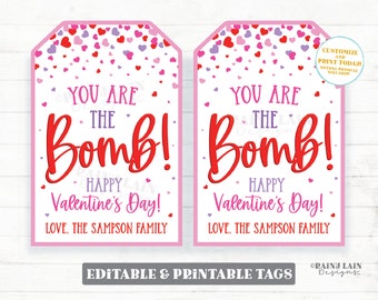 May include: Two pink printable Valentine's Day gift tags with a white background and pink and red hearts. The text on the tags reads "You are the Bomb! Happy Valentine's Day! Love, The Sampson Family."