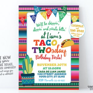 Taco TWOsday Invitation Digital Boy Twosday Fiesta Invite Mexican 2nd TWO-sday Fiesta Birthday Cactus Taco Papel Picado Serape Editable