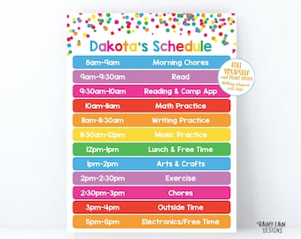 Kids Home School Schedule Printable Editable Daily Schedule Kids Task List Template Chore Chart Weekly Planner HomeSchool Rainbow Confetti
